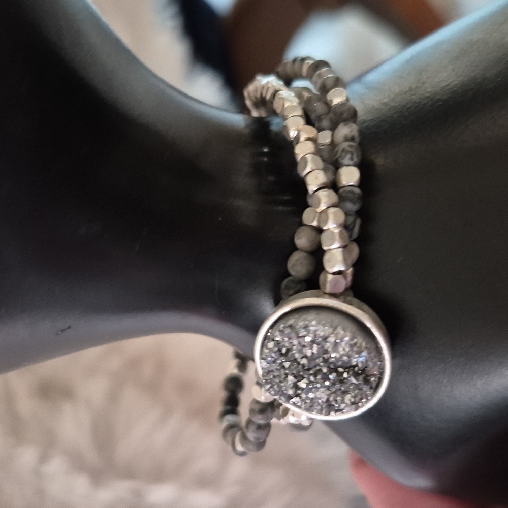 Handcrafted Silver Gray Druzy Multi Faceted  Beaded Bracelet